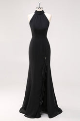 Schwarzes Meerjungfrau Langes Neckholder Rüschen Ballkleid mit Schlitz